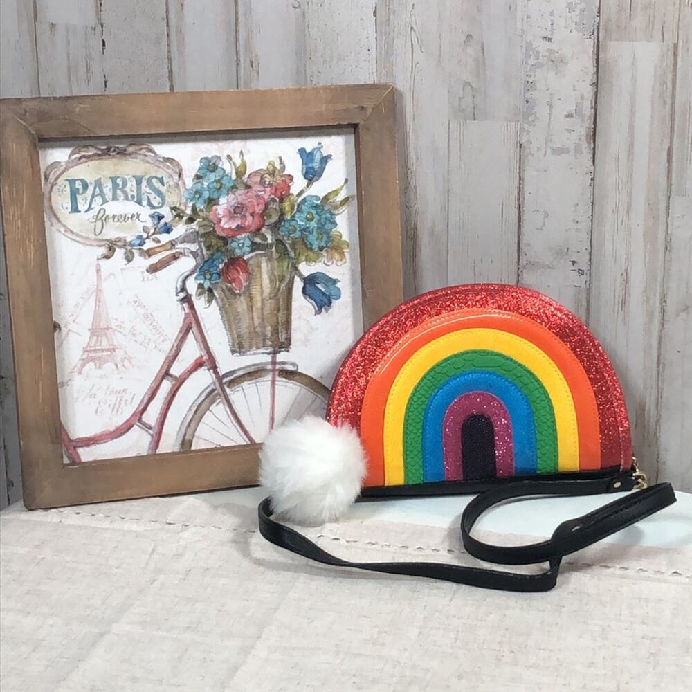 Betsey Johnson “ I Love Hue” Rainbow Purse with Fuzzy Pom Cloud Charm